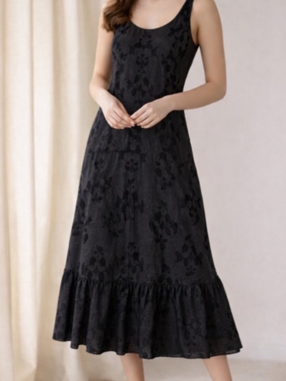 Metalicus Black Floral Midi Dress Elegant Sleeveless Ruffle Hem Fit & Flare S